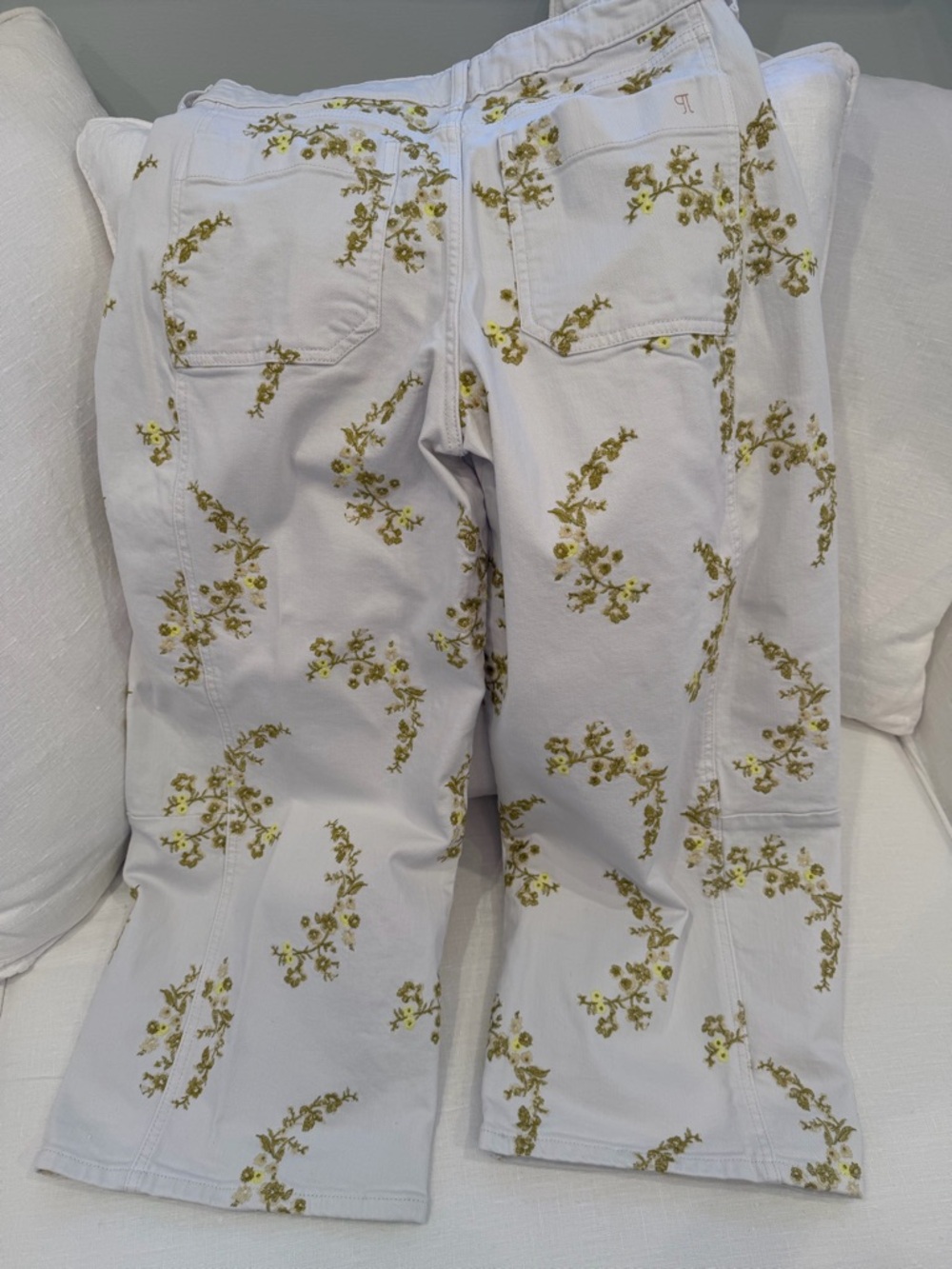 Anthropologie cream barrel Pants with Yellow/green Floral Embroidery - Picture 16 of 16